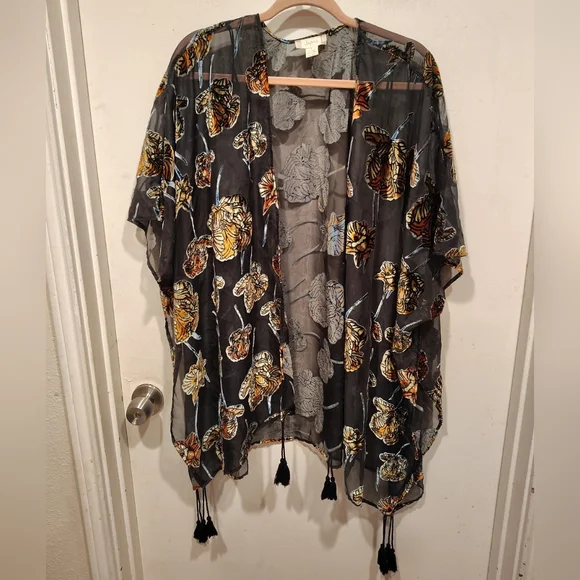 Japna Women's Velvet Burnout Kimono Duster Black & Gold Floral Sz L Whimsigoth - Picture 1 of 6